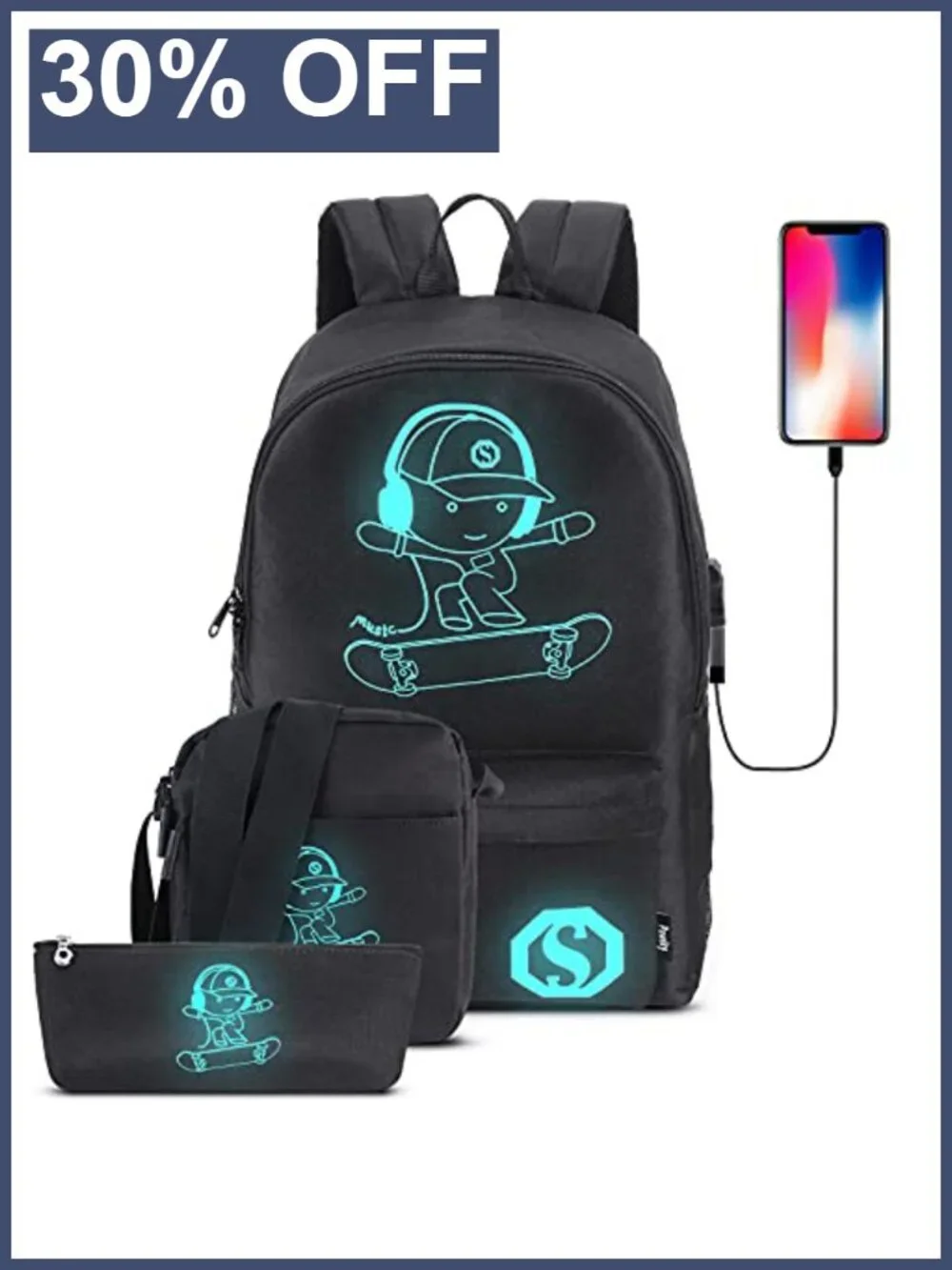 Skateboard Anime Luminous School Backpack with USB Port, Anti-Theft Lock, Sling